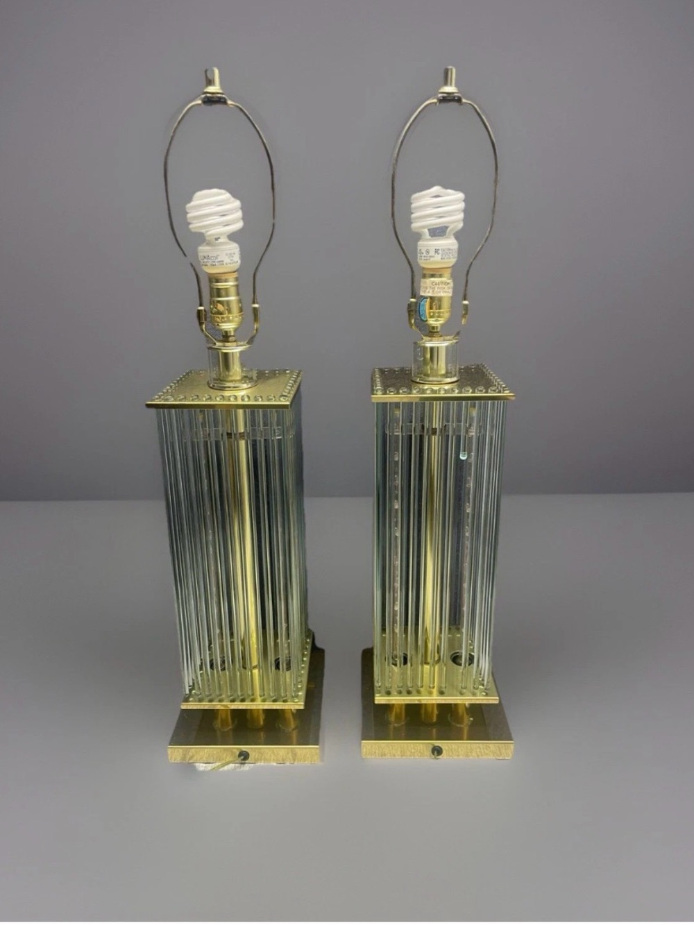 Brass Tone Column Table Lamps with Vertical Glass Rod Accents (Pair)